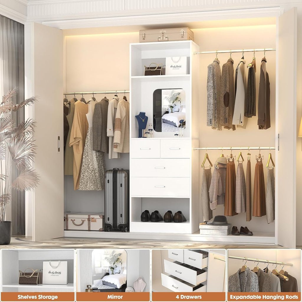 8FT Closet System with Mirror and 3 Extendable Hanging Rods, White | 48" - 96" Walk in Closet Organizer with 4