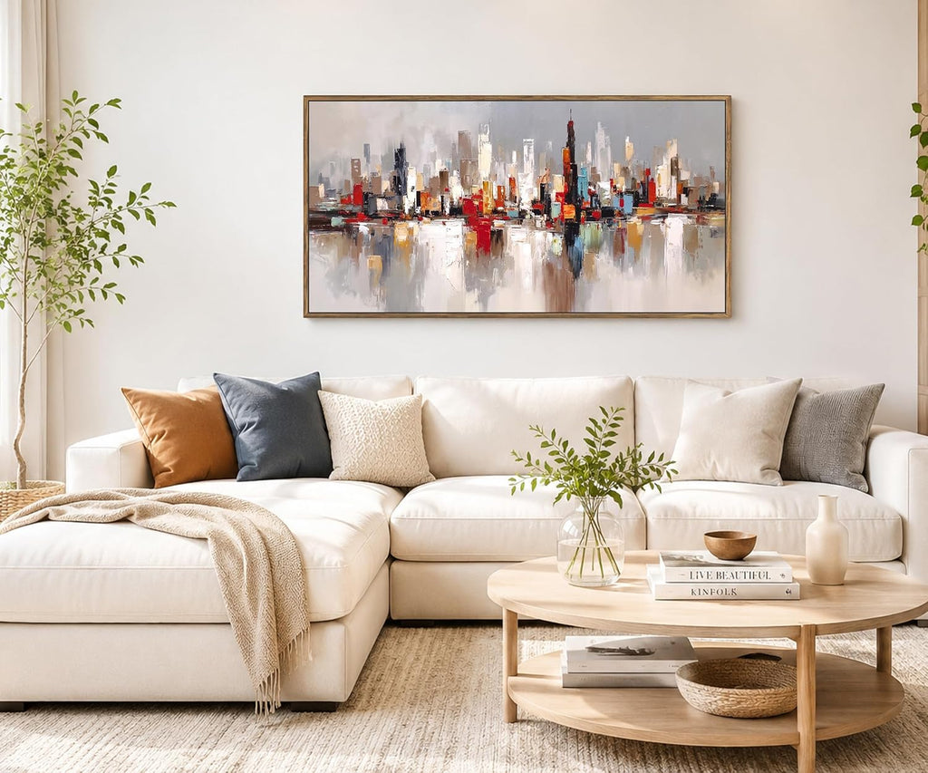 Large Modern Cityscape Wall Art, Framed Abstract Skyline Canvas Artwork, Contemporary Urban Decor Bedroom Office