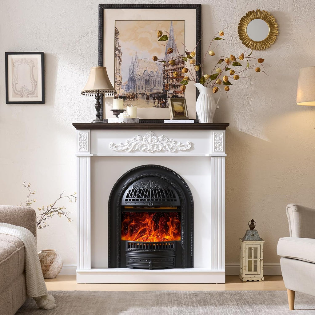 45" Electric Fireplace with Mantel,Farmhouse FreeStanding Electric Fireplace Heater Entertainment Center Wooden TV