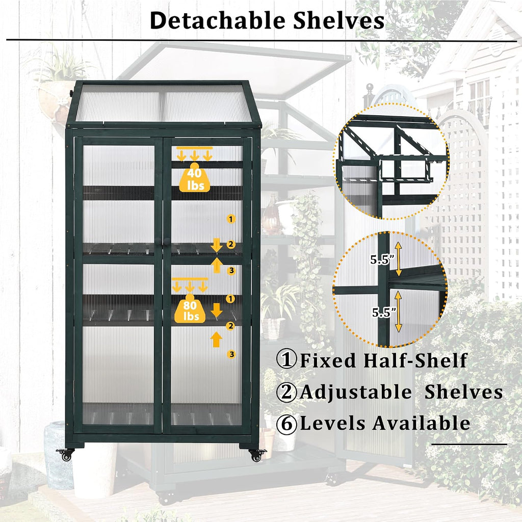 Cold Frame Greenhouse with Wheels, 62 Inch Portable Plant Cabinet | Fir wood, polycarbonate panels, garden or patio