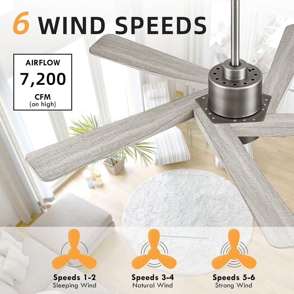 64" ABS DC Ceiling Fan with Lights, 5 Blade ABS Wood Grain Ceiling Fan with Remote, 6-Speed Reversible DC Motor