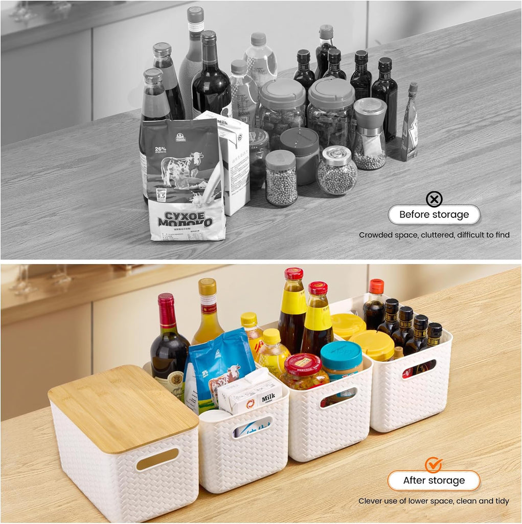 4 Packs Storage Bins with Bamboo Lids - Plastic Storage Containers with Lids Stackable Storage Box:Storages Baskets