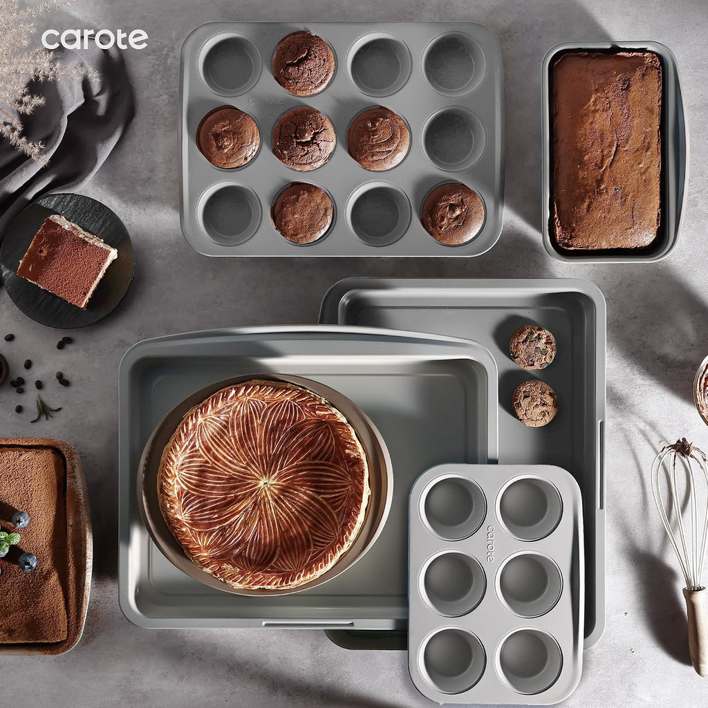 7-Piece Pans Set, Nonstick Bakeware Sets, Gray & Blue | Cookie Sheets, Muffin, Bread, Cake, Loaf, Roasting Pan