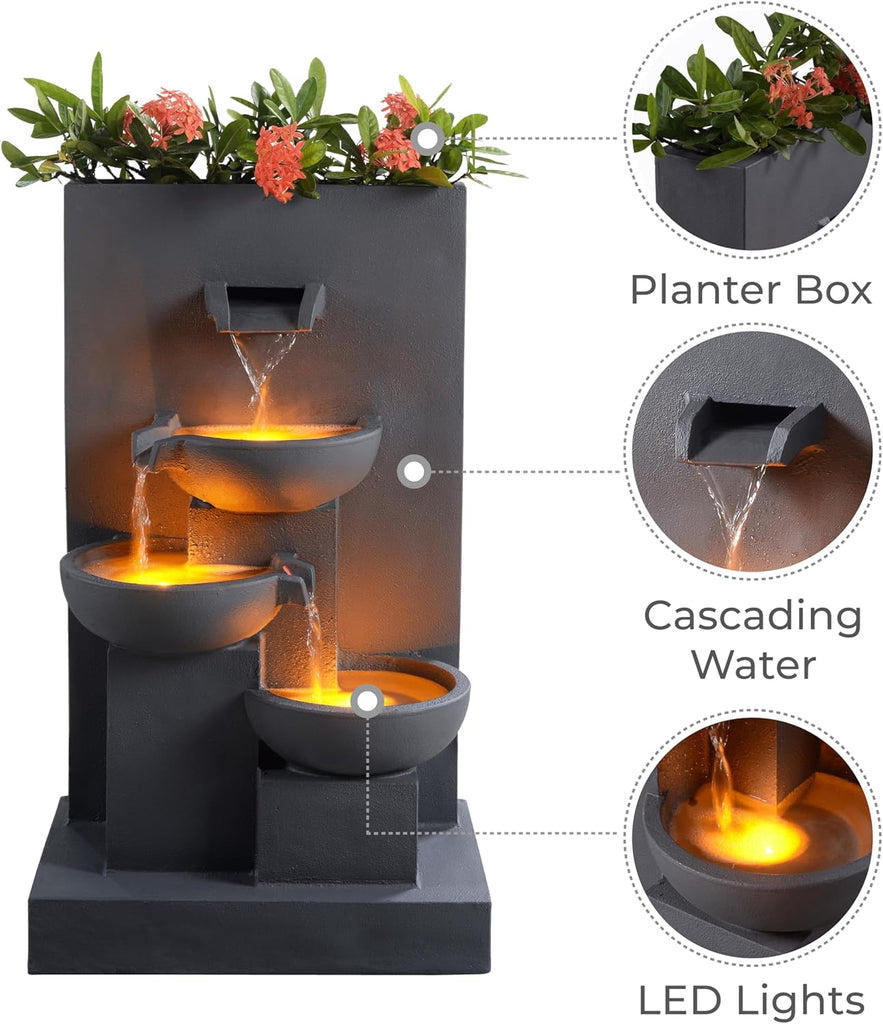 29.13" 3-Tier Cascading Outdoor Water Fountain with Planter, LED Lights Living Spaces, Matte Gray