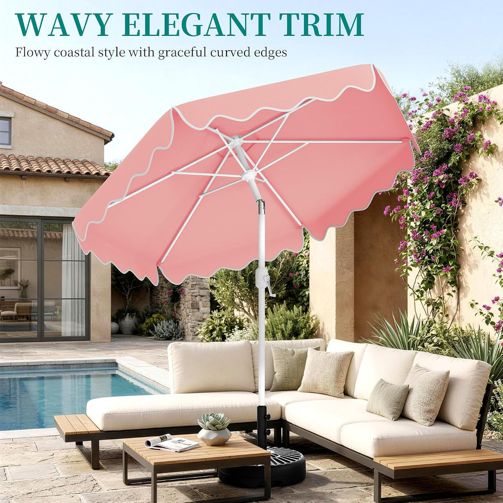 Patio Umbrella with Wavy Trim, UV-Fade-Resistant Canopy, Crank & Tilt - Peach Pink 7.5ft