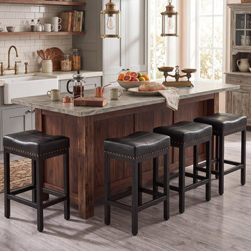 Saddle Bar Stools Set of 4, 24 Inch Counter Height Stools with Curved PU Leather Surface, 3.7" Thick Upholstery Bar
