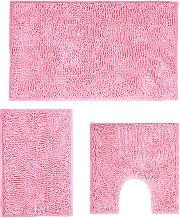 Pink Bathroom Rugs Sets 3 Piece Washable, Luxury ,Chenille Bath Mat Set, Soft Plush Anti-Slip Rectangular Bath, Rug