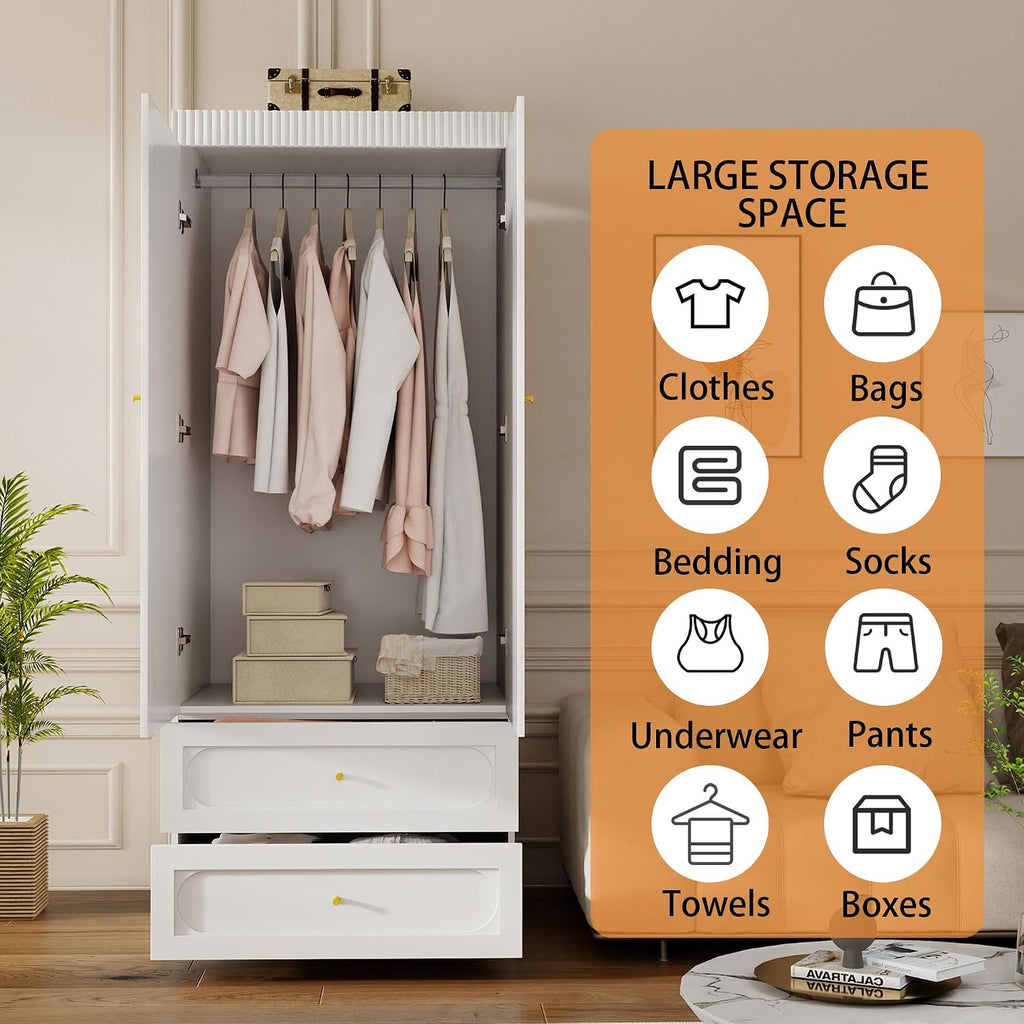 Wooden Wardrobe Closet with Doors: 75" Tall White Armoire Wardrobe Closet with 2 Drawers and 2 Doors, Modern Clothes