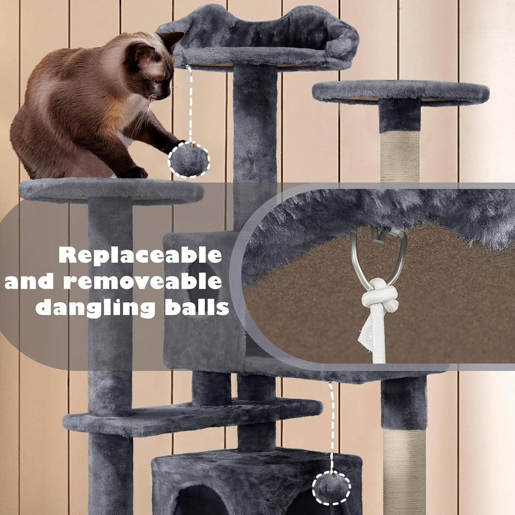 54in Cat Tree, Multi-Level Cat Tower with Spacious Kitten-ear Perch, 2 Cozy Caves, Scratching Posts, Climbing Ladder