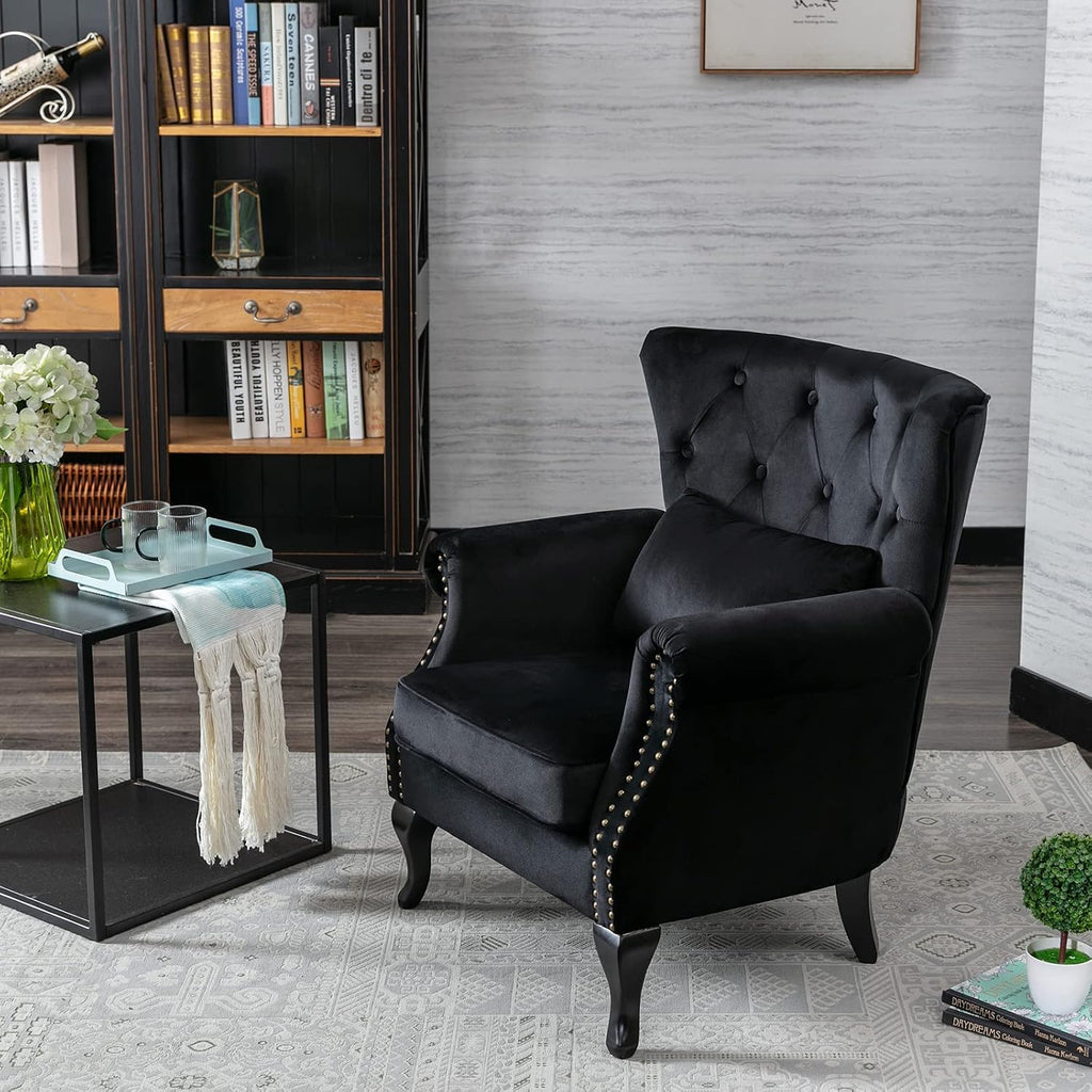 Mid-Century Modern Accent Chair Comfy Tufted Single Sofa Chair Wingback Armchair with Pillow for Club, Living Room