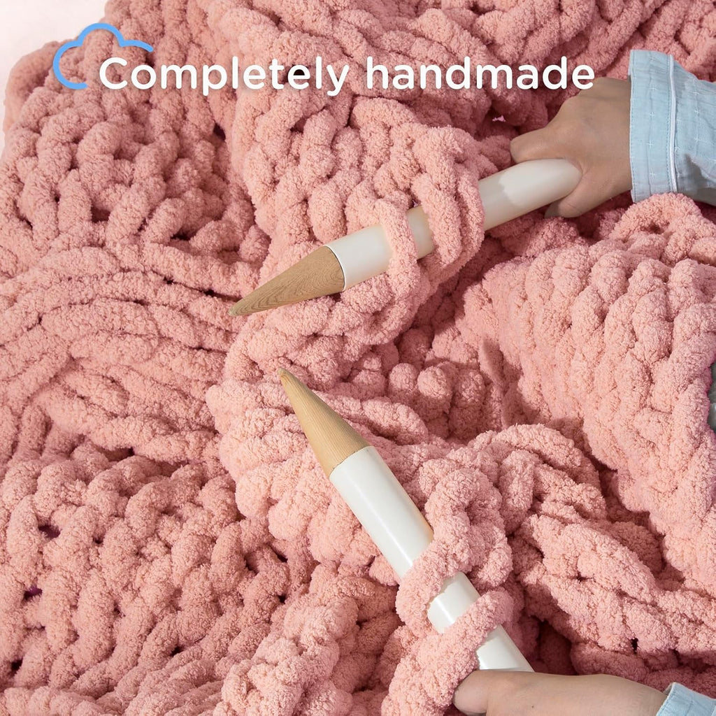 Chunky Knit Blanket Throw - 100% Hand Knitted Chunky Soft Throw Blanket, Thick and Warm Blanket for Winter, Pink