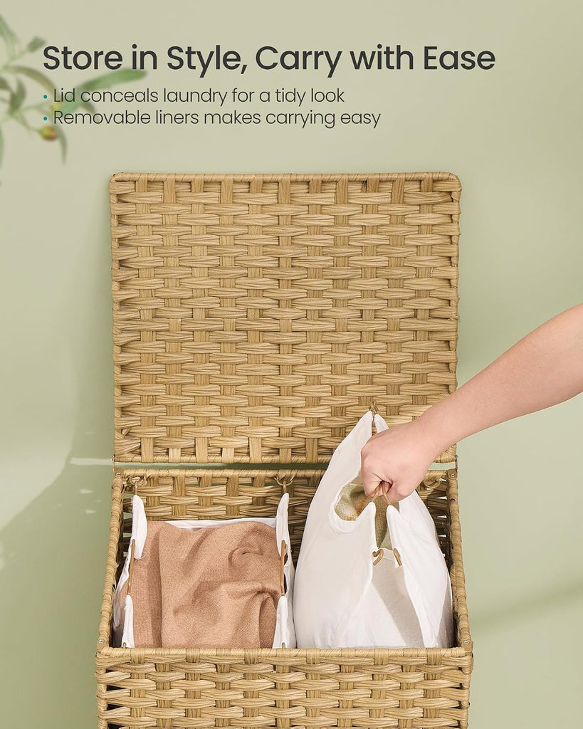 2-Section Laundry Hamper with Lid, 29 Gal (110L) PE Rattan Laundry Basket with Removable Washable Liners, Goose