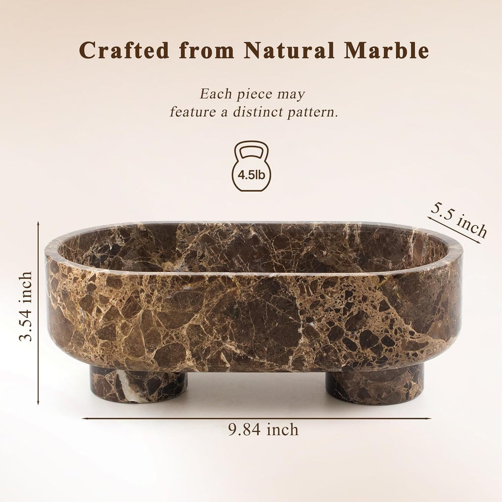 Natural Oval Marble Fruit Bowl, Two-Legged Decorative Bowl Dark Brown | 10" Large Handcrafted Marble Catchall Bowl