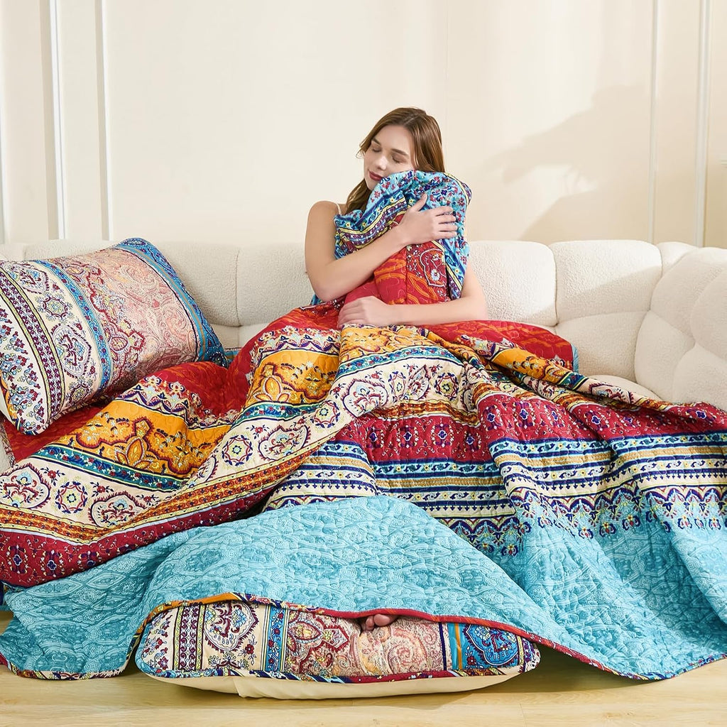 Bohemian Quilt Set, Boho Striped Pattern Quilts Bedspread Set for All Season, Soft Microfiber Bedding Coverlet