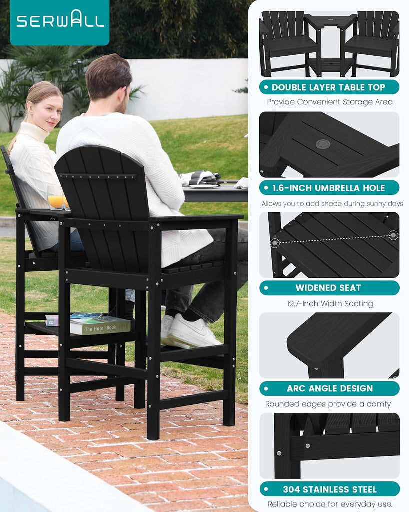 Tall Adirondack Chairs Set of 2 with Double Layer Connecting Tray, HDPE Bar Height Outdoor Chairs, Wood-Like