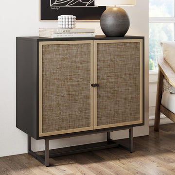 Kova Rattan Wood Accent Sideboard Storage Cabinet with Matte Metal Frame, Adjustable Interior Shelves and Cane Doors