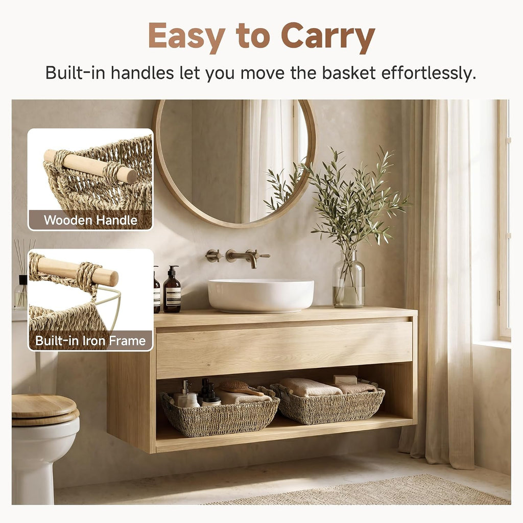 Hand-Woven Jumbo Storage Baskets with Wooden Handles, Seagrass Wicker Baskets for Organizing, 2-Pack