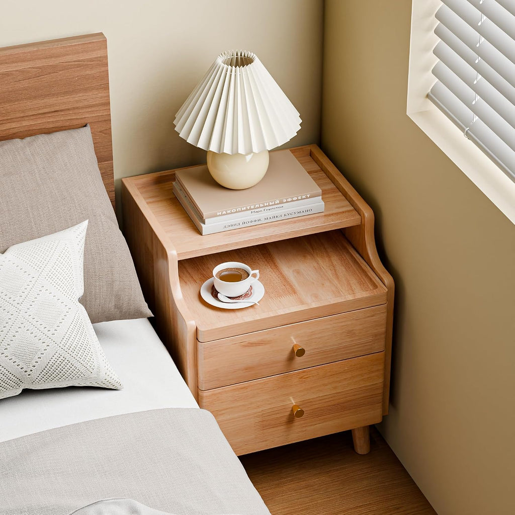 Nightstand with Drawers, Pre-Assembled, 19.7" H Natural Solid Wood Night Stand with Open Sliding Shelf, Mid Century