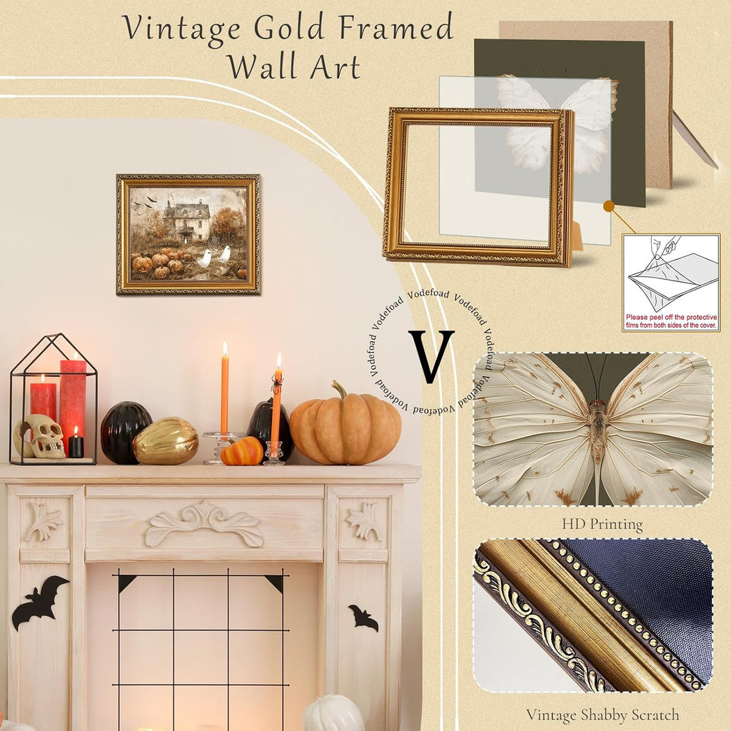Retro Detachable Gold Framed Wall Art Decor Halloween Pumpkins with Cute Ghost Farmhouse Gold Framed Wall Decor