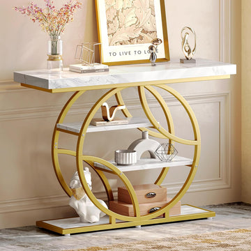 41.3 Inch Entryway Table with Marble Top, Modern Console Sofa Table, Accent Table with Shelves, for Entry, Hallway