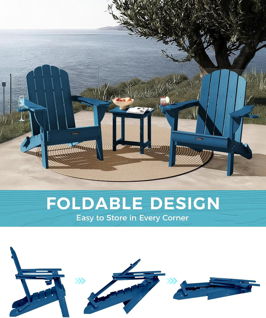 Folding Adirondack Chair, All-Weather HDPE Patio Chair with 2 Cup Holders | Wide Armrest, Wood Grain, Oversized