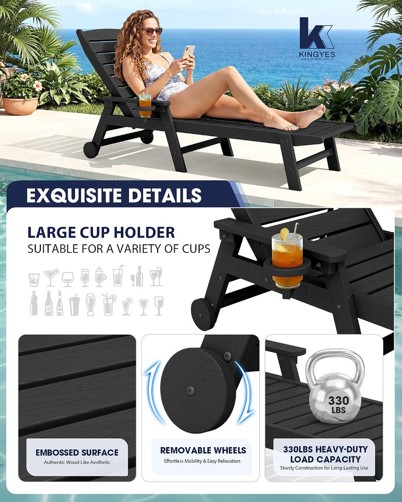 HDPE Lounge Chair Outdoor Set of 2, All Weather Pool Lounger | 5 Position Adjustable Backrest Patio Chaise Lounge