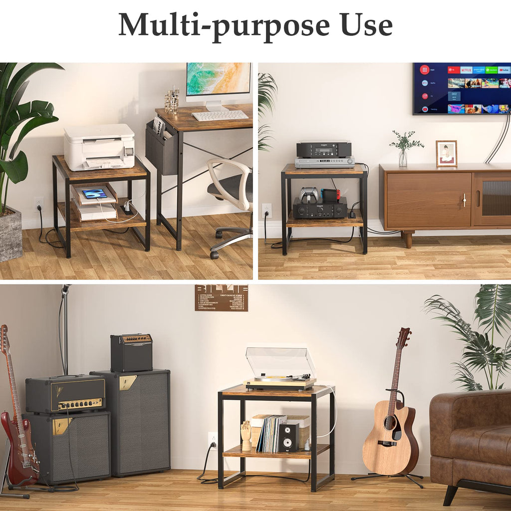 End Table with Charging Station, Mini Fridge Stand, Rustic Brown