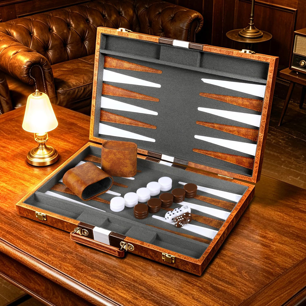 Classic Backgammon Sets for Adults, Deluxe Leather Case, Felt Interior, Portable Travel Backgammon Set for Parties