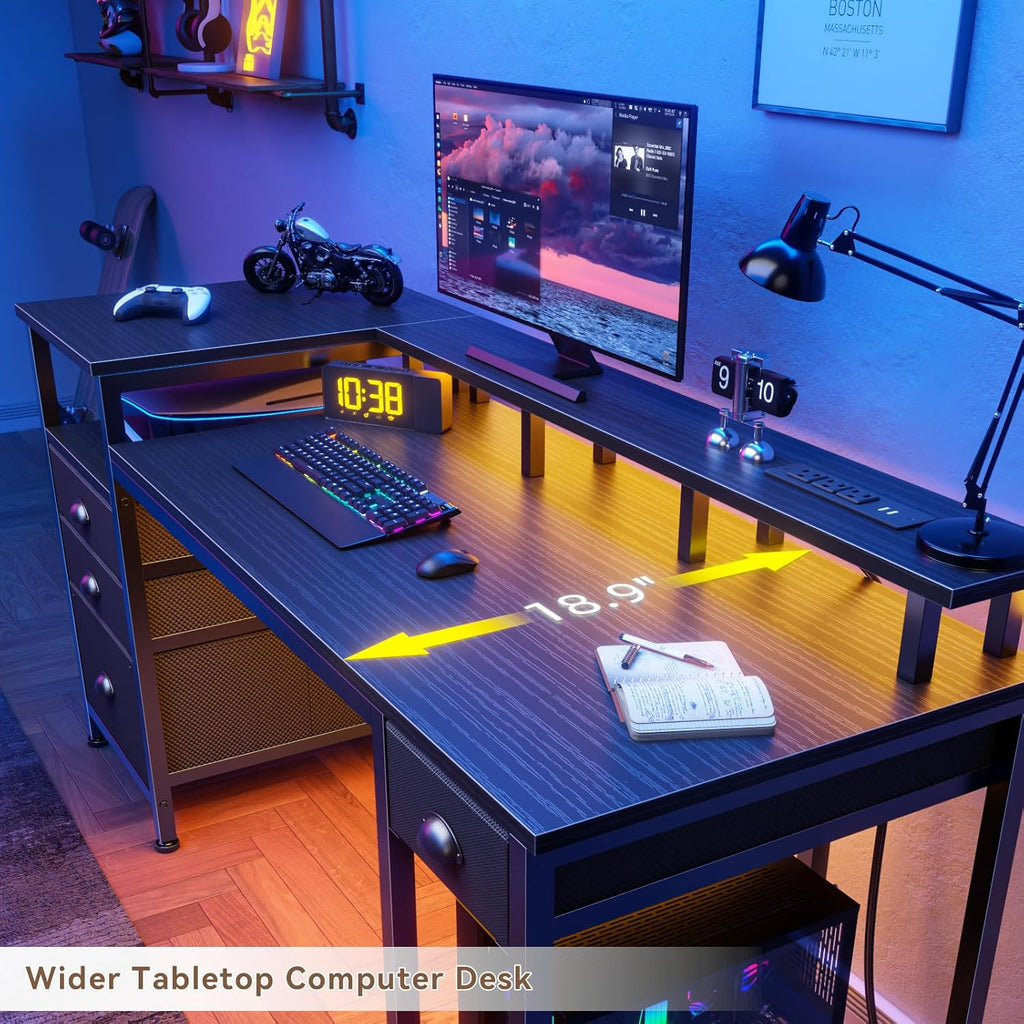 60" Black Computer Desk with 4 Drawers and Printer Space, Gaming Desk with LED Lights and USB Power Outlets