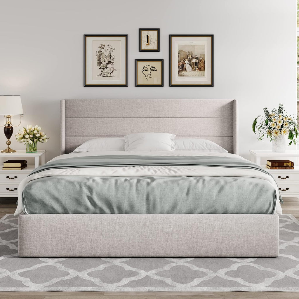 King Lift Up Storage Bed, Modern Wingback Headboard, Hydraulic Support, No Box Spring Needed, Light Beige