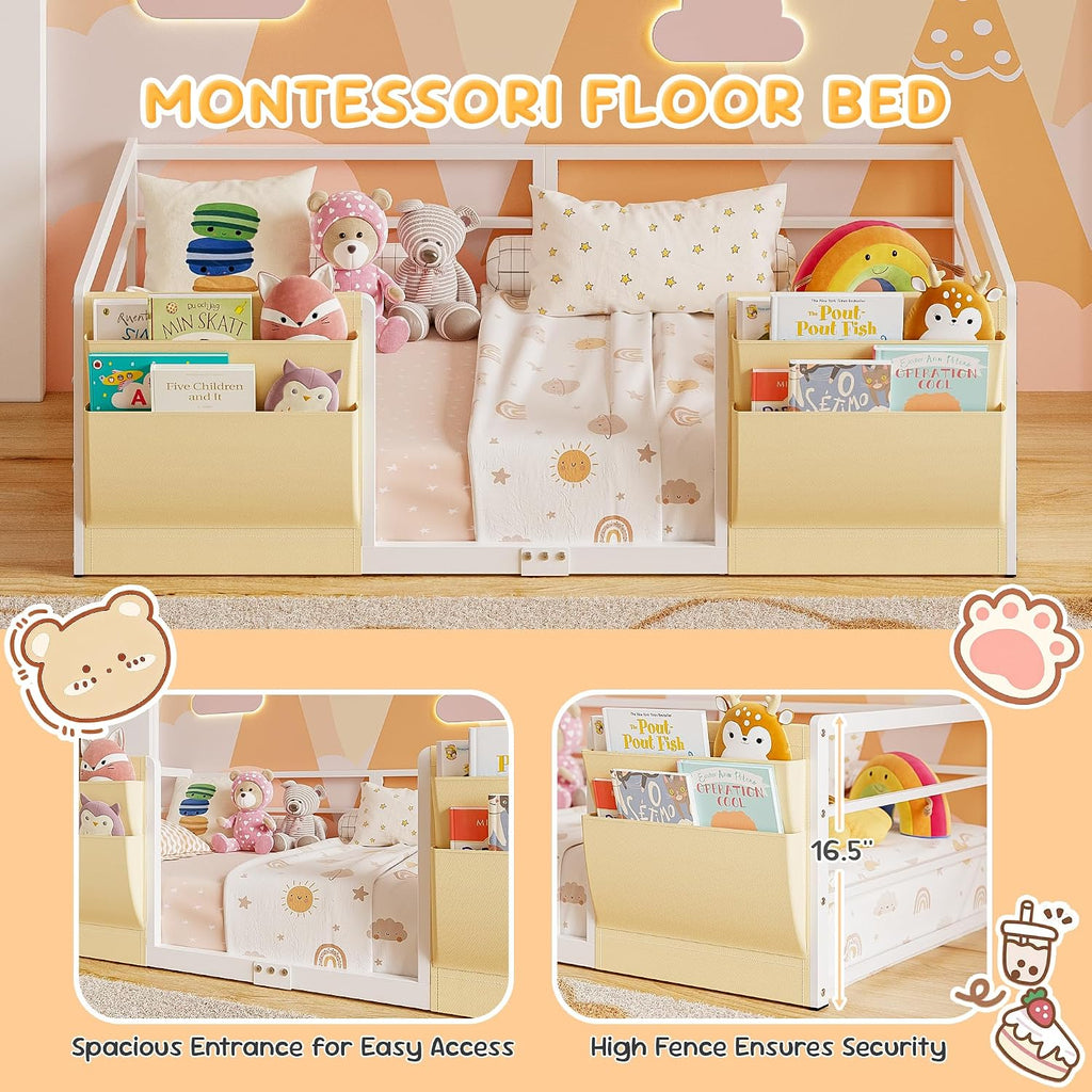 Floor Bed for Kids, White | Safety Guardrails, Montessori Bed Frame, Bedside Caddy, Suitable