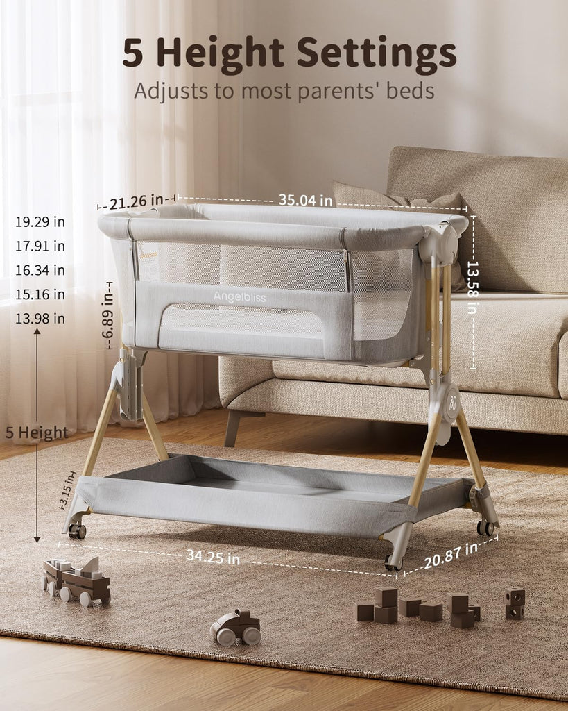 Bassinet, 3-in-1 Bedside Sleeper, One-Click Foldable Crib | Adjustable Height, Full-Mesh Sides, Zip-Down Access
