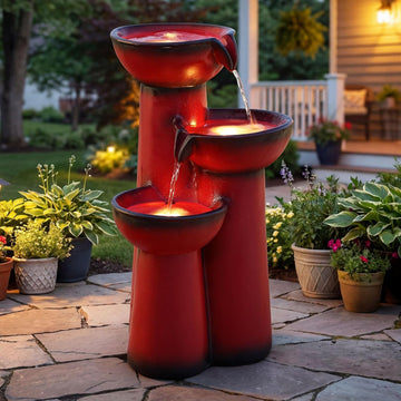27" Outdoor Water Fountain with LED Lights, 3-Tier Cascading Faux Ceramic Column Water Feature with Pump Patio