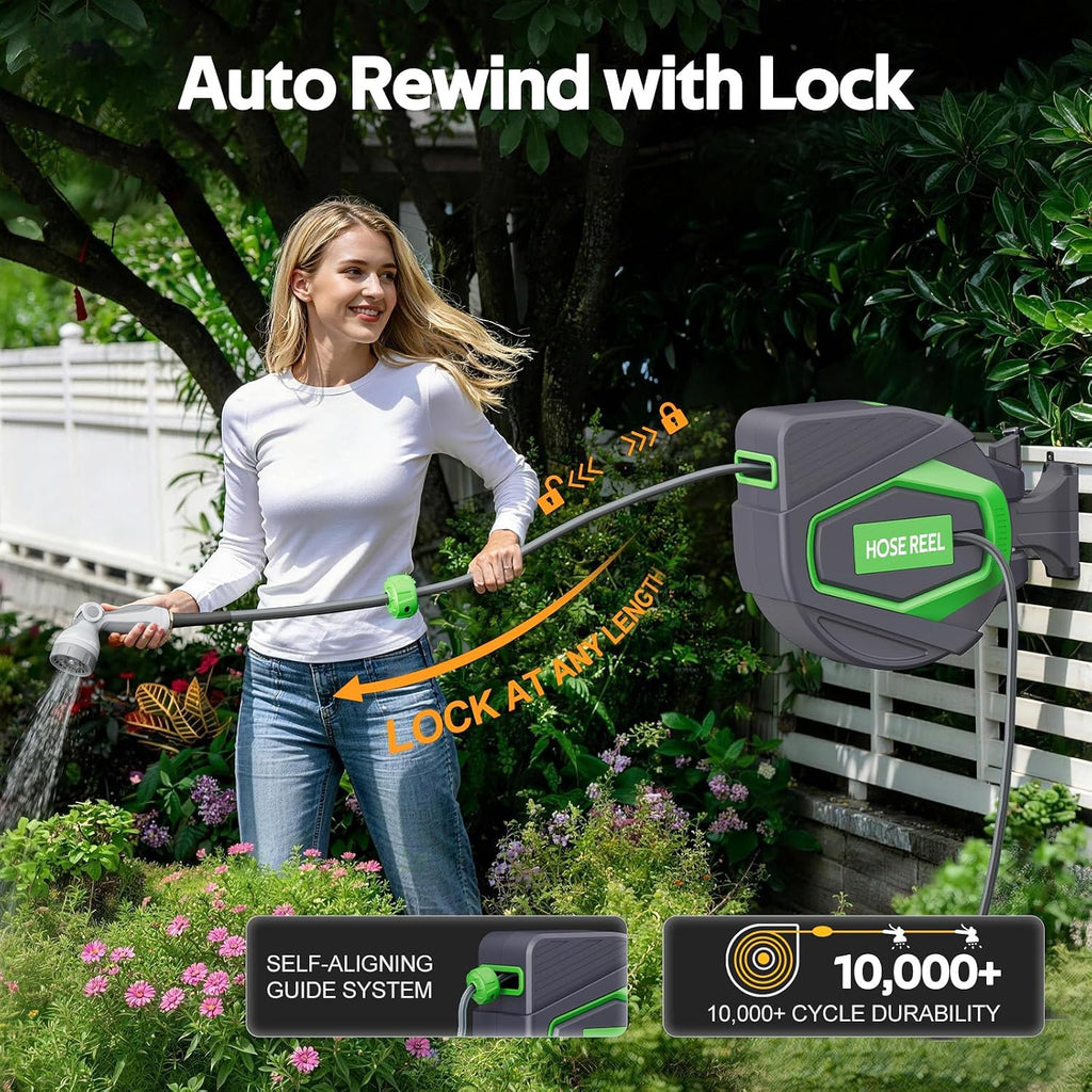 Retractable Garden Hose Reel, 1/2 in x 100 Ft, for Garden Watering | Wall Mounted Auto Rewind Hose Reel & Lock Any