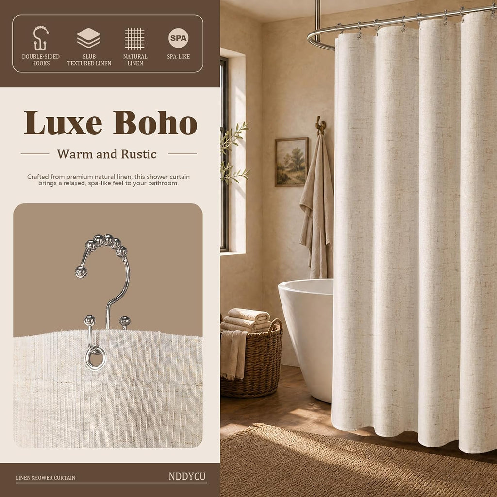 Beige Slub Linen Shower Curtain with Double Sided Hooks 72" W x 72" L | Neutral Rich Woven Textured Fabric for