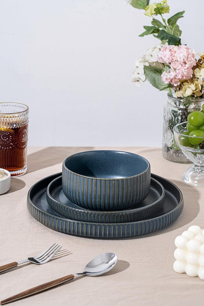 24 Piece Starry Blue Ceramic Dish Set,Plates and Bowls Set for 8,Dinnerware Sets for Hosting