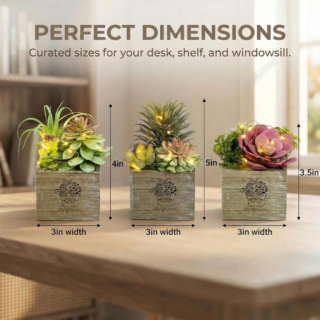 Small Fake Plants, Succulent Plants Artificial with Led Lights 3 Pack | Fake Succulents Decor Artificial Plants