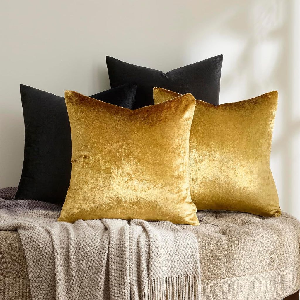 Decorative Throw Pillow Covers 18 x 18,Gold Black Soft, Set of 4 Square Velvet Cushion Covers