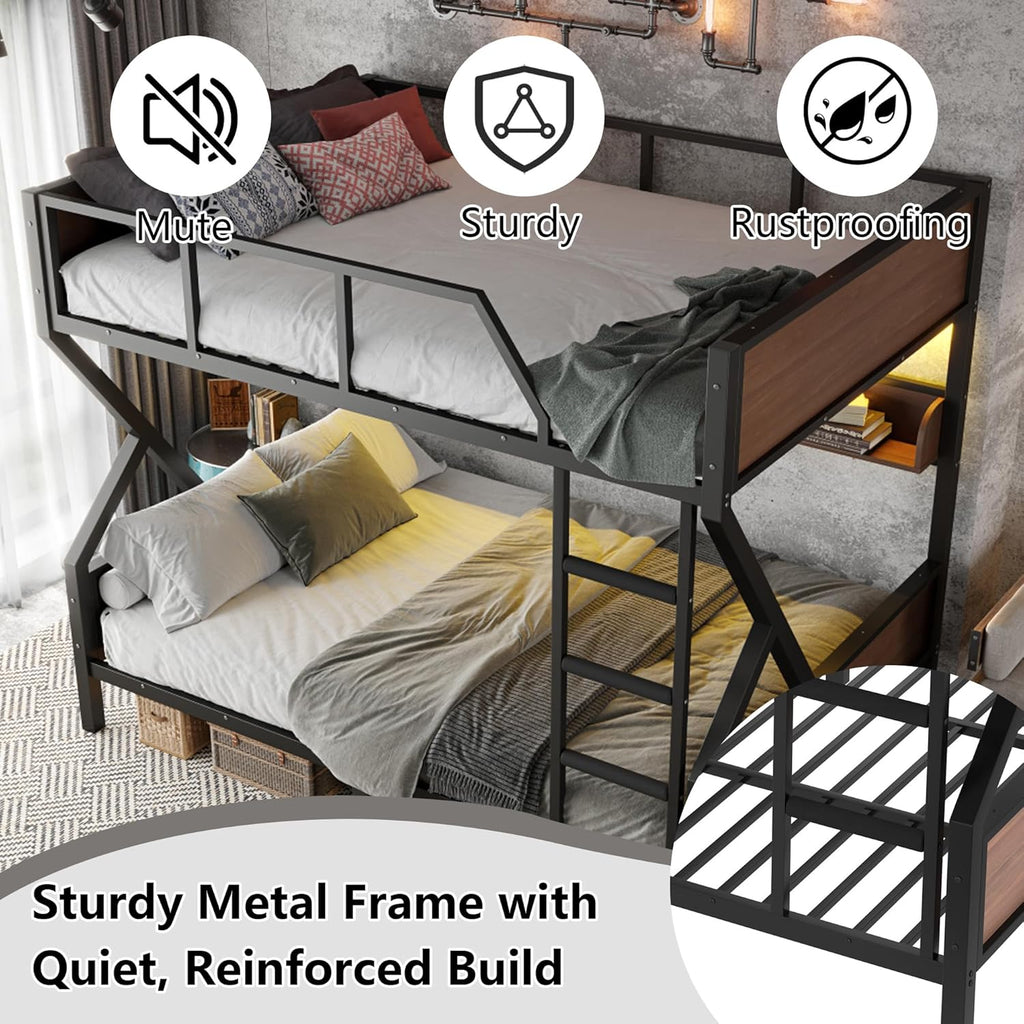 Queen over Queen Bunk Bed with Storage Shelves, Metal Bunk Beds with Ladders and LED Lights