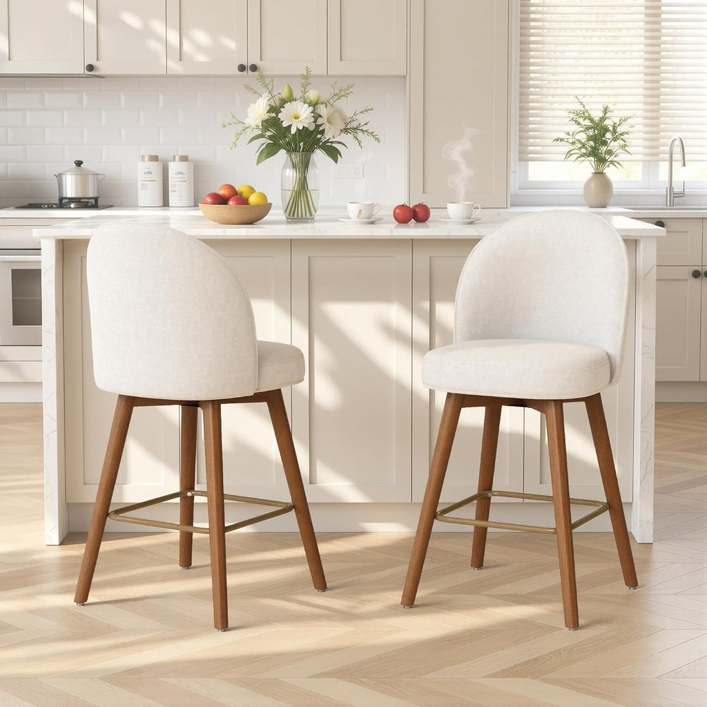 Modern Swivel Bar Stools Set of 3, Chic Upholstered Counter Height（26IN） Bar Chair with Back, Solid Wood Legs