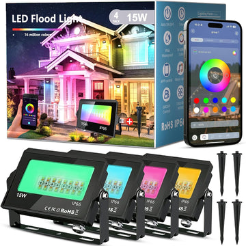 LED Flood Light Outdoor,RGB Waterproof (IP66) Flood Light with APP Control,15W Outdoor Color Changing with DIY Scene