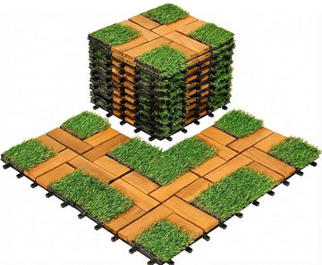 Interlocking Acacia Wood and Artificial Grass Deck Tiles, 12"x12", 0.94" Thick, Outdoor Patio Flooring for Garden