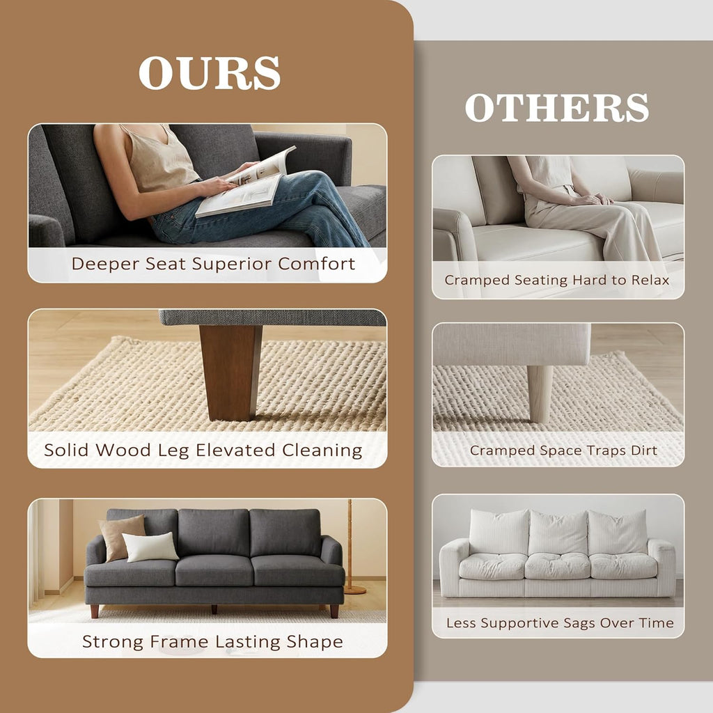 Mid Century Modern Couches , 89" Comfy Couch Sofa with 3-Seater Deep Seats, Upholstered Sofas Apartment, Bedroom