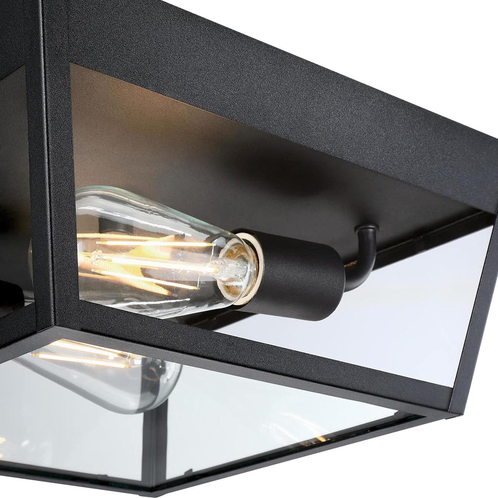 Peterson Transitional Two Light Flush Ceiling Fixture, Textured Black Finish, Clear Glass