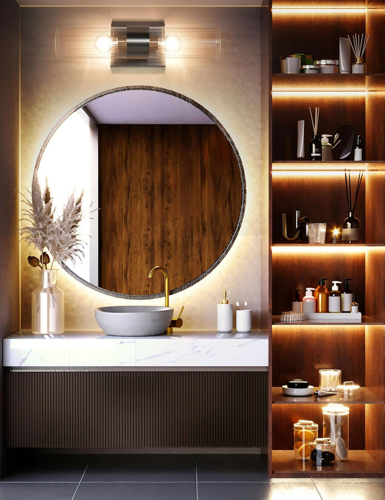 Bathroom Sconces Wall Lighting with Clear Ribbed Glass, Brushed Nickel 2-Light Bathroom Vanity Light Fixtures for