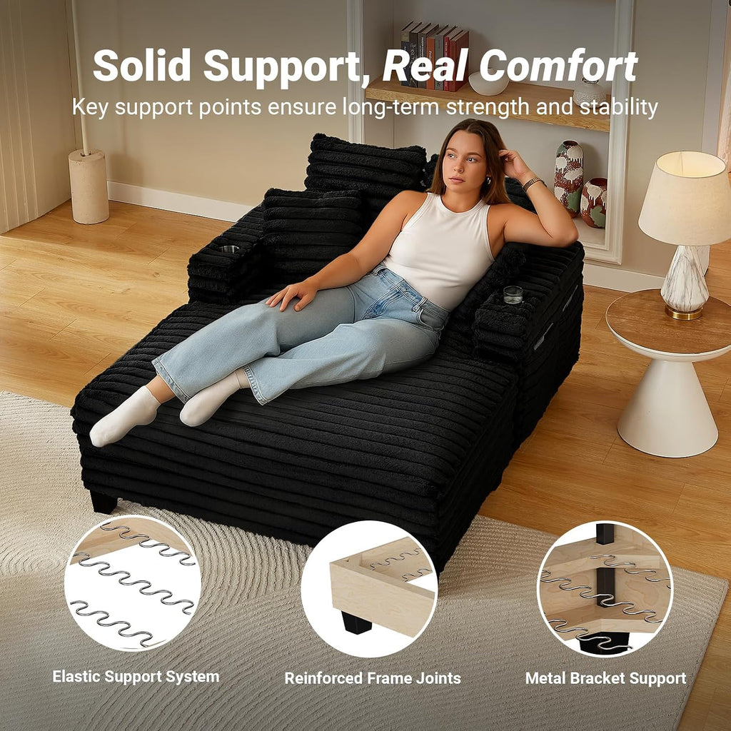 64" Oversized Chaise Lounge Chair with Wood Frame, 2 Cup Holders | 4 Storage Pockets, Plush Corduroy Fabric