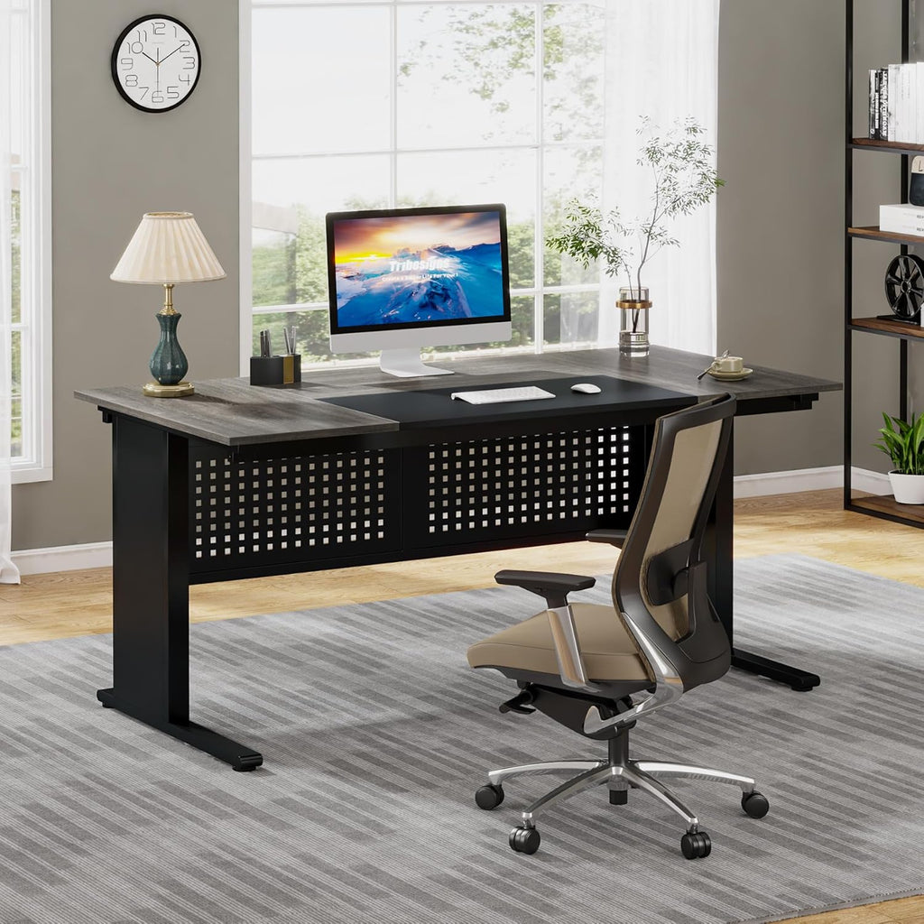 63 Inch Executive Desk with File Cabinet, L Shaped Office Desk with Drawers and Storage Shelves