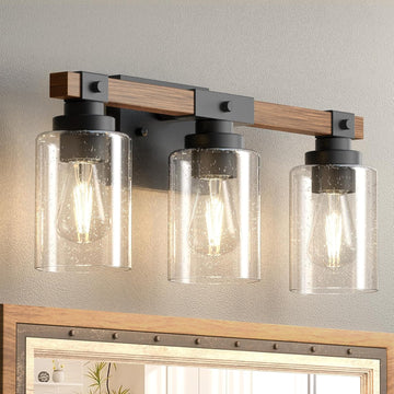 3-Light Farmhouse Bathroom Vanity Light, Seeded Glass, Black & Wood | Bubble Glass Shade Wall Sconce, Over Mirror