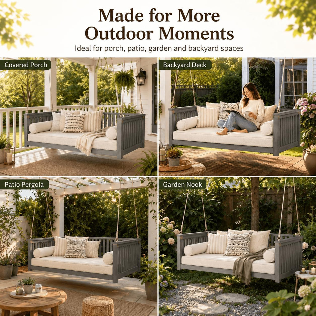 Twin Size Acacia Wood Hanging Swing Bed with Ropes, Outdoor Porch Daybed , Garden & Backyard, Minimalist Wooden Swing