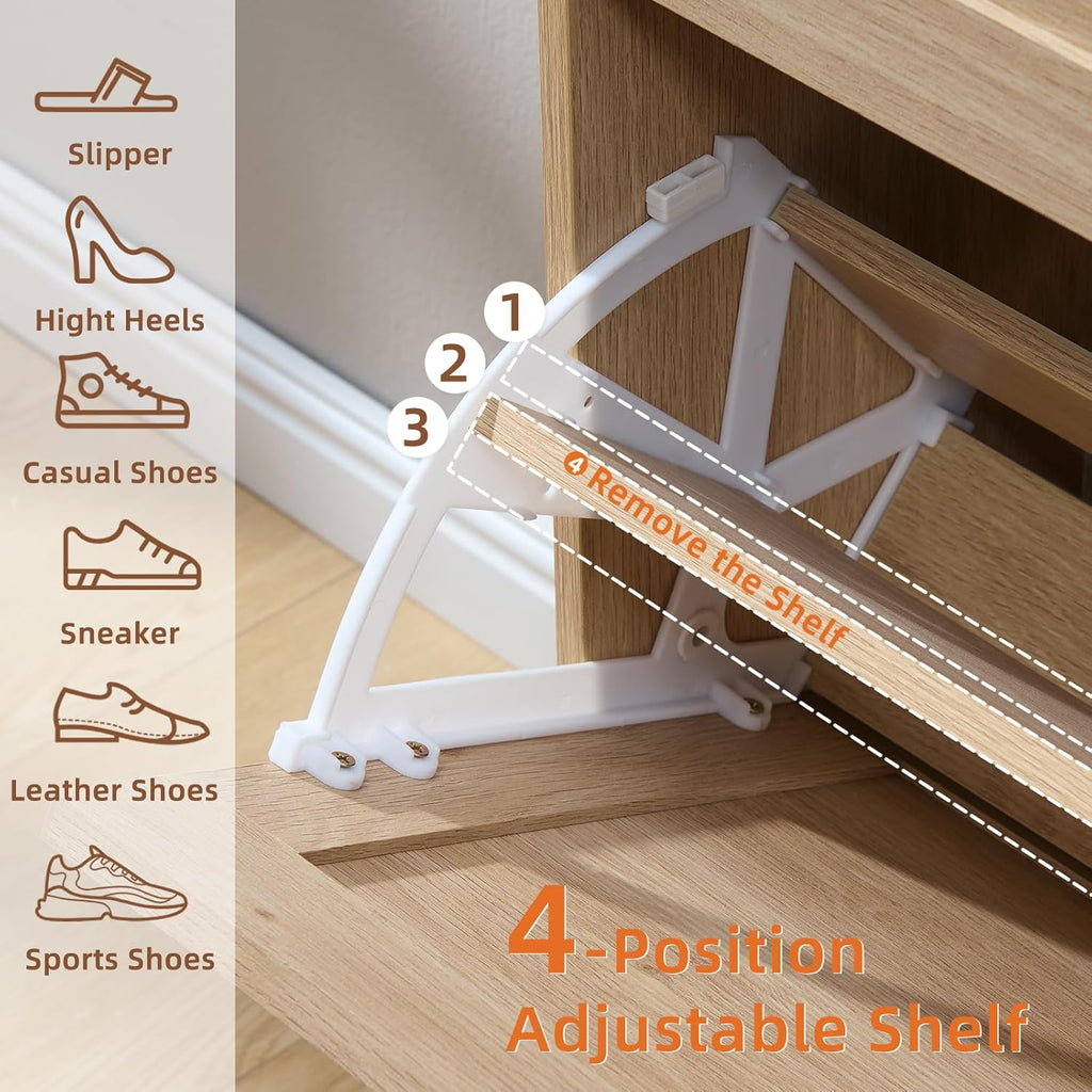 Shoe Cabinet Storage with 2 Flip Drawers Rack Narrow Organizer Slim Hidden Wood Shoe Cabinet Furniture Natural